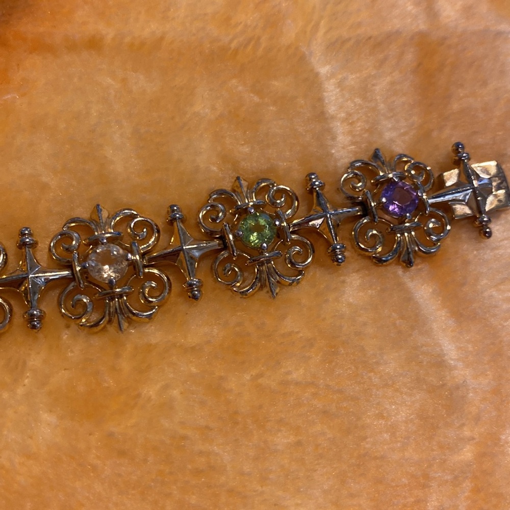 VINTAGE TECHNIBOND GOLD TONE MULTI-COLOR GEM BRACELET 7" - Picture 3 of 9